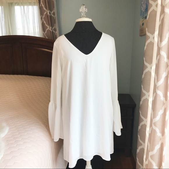 Lulus ⚜️ White Draping Bell Sleeve Tunic/Dress - Picture 2 of 6